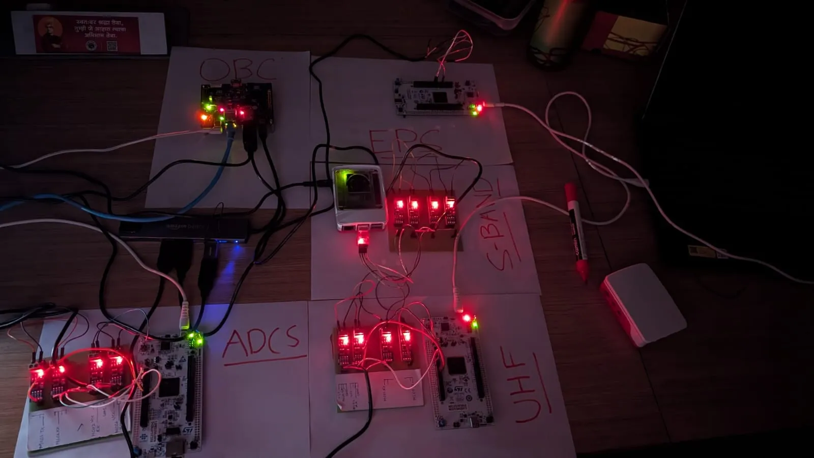 late integration session on the flatsat, current phase of the build