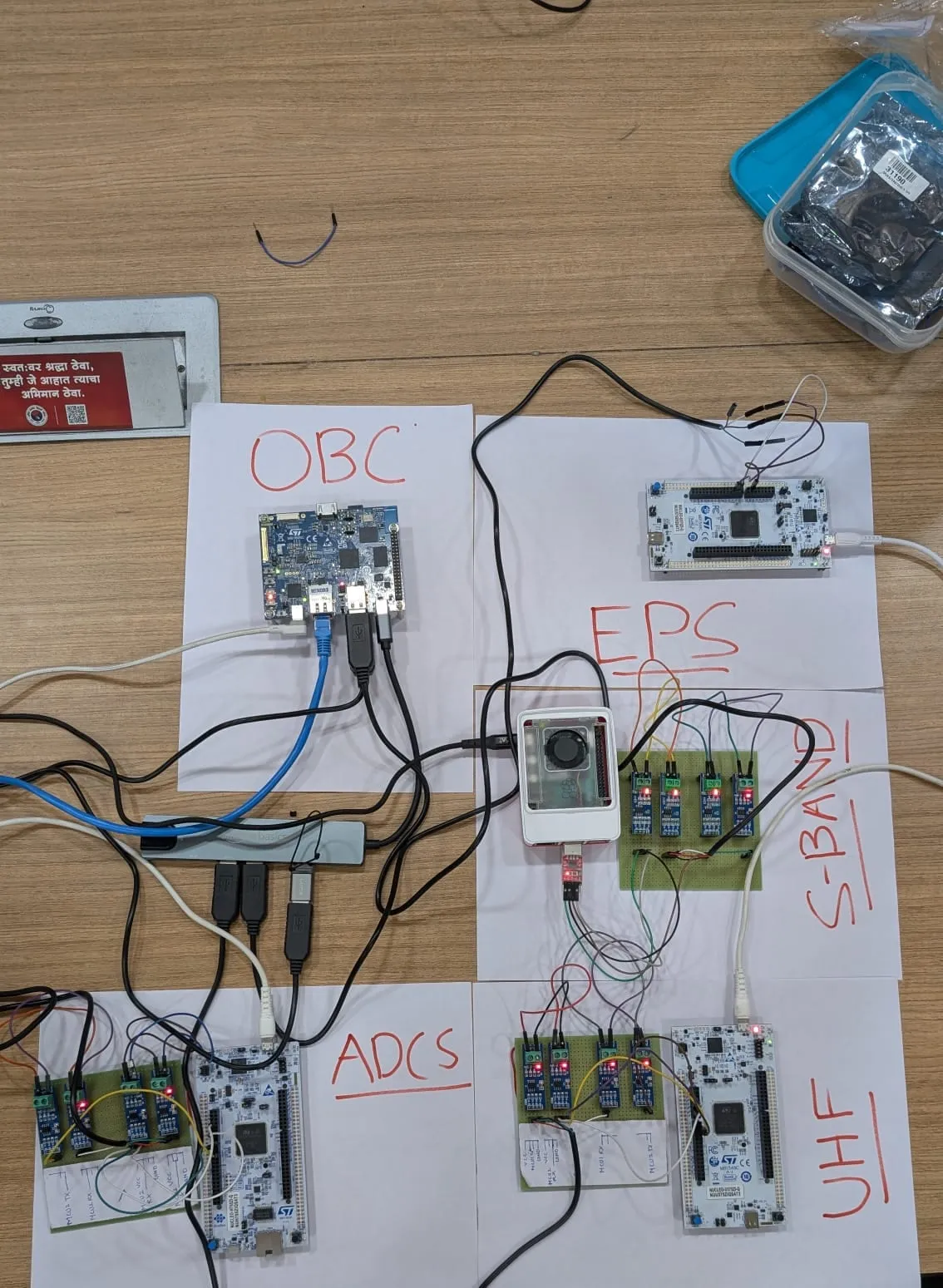 flatsat integration — OBC, EPS, ADCS, S-band and UHF subsystems under test on the bench