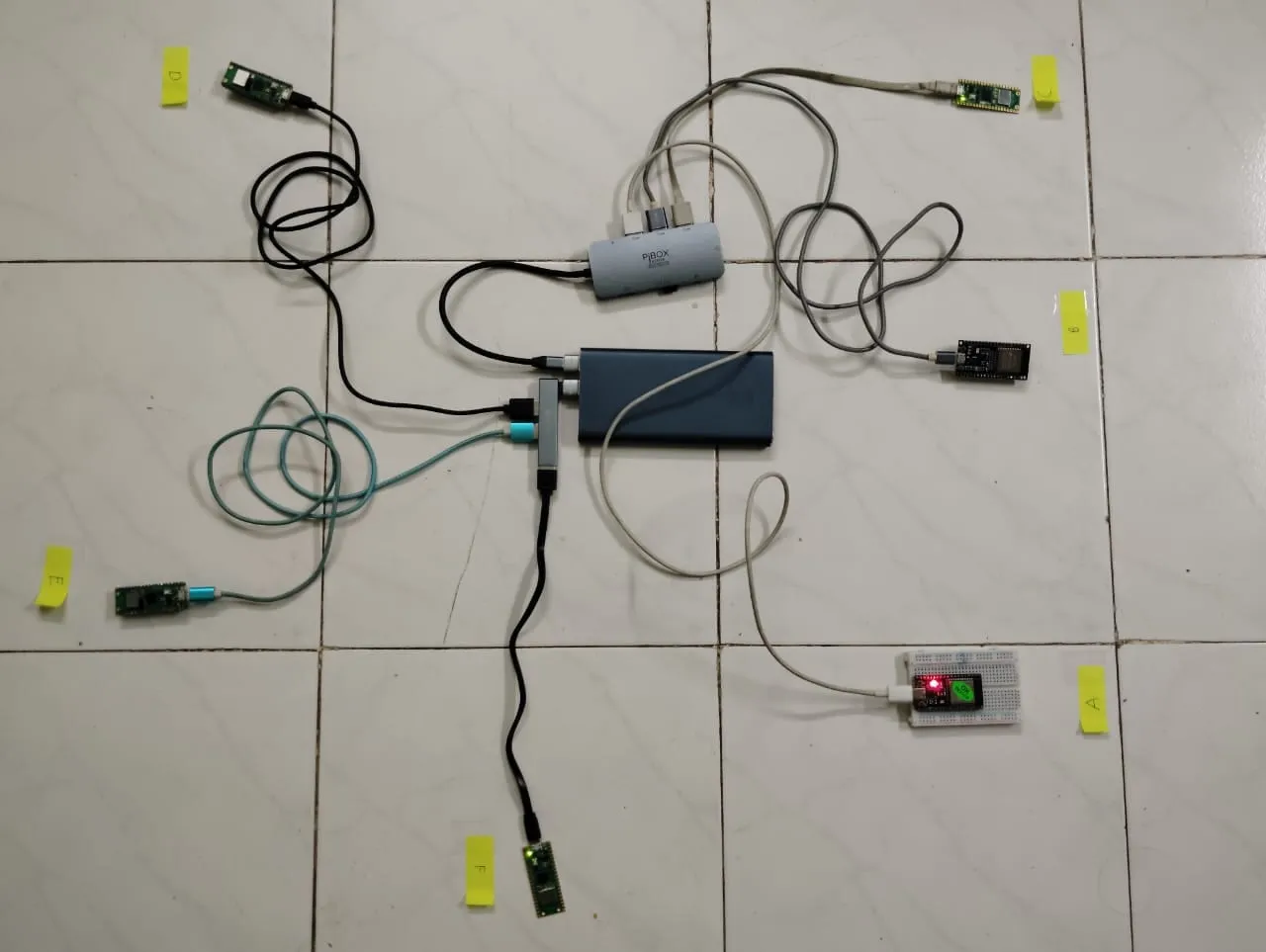 the test cluster — ESP32 and Pico W nodes A through F