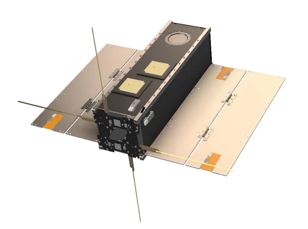 CAD render of the CubeSat with deployed panels and antennas, payload apertures visible